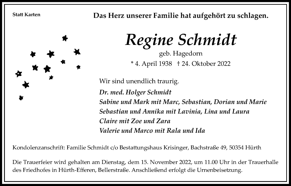  Traueranzeige für Regine Schmidt vom 05.11.2022 aus Kölner Stadt-Anzeiger / Kölnische Rundschau / Express
