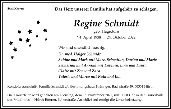 Anzeige von Regine Schmidt von Kölner Stadt-Anzeiger / Kölnische Rundschau / Express
