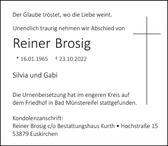 Anzeige von Reiner Brosig von  Blickpunkt Euskirchen 