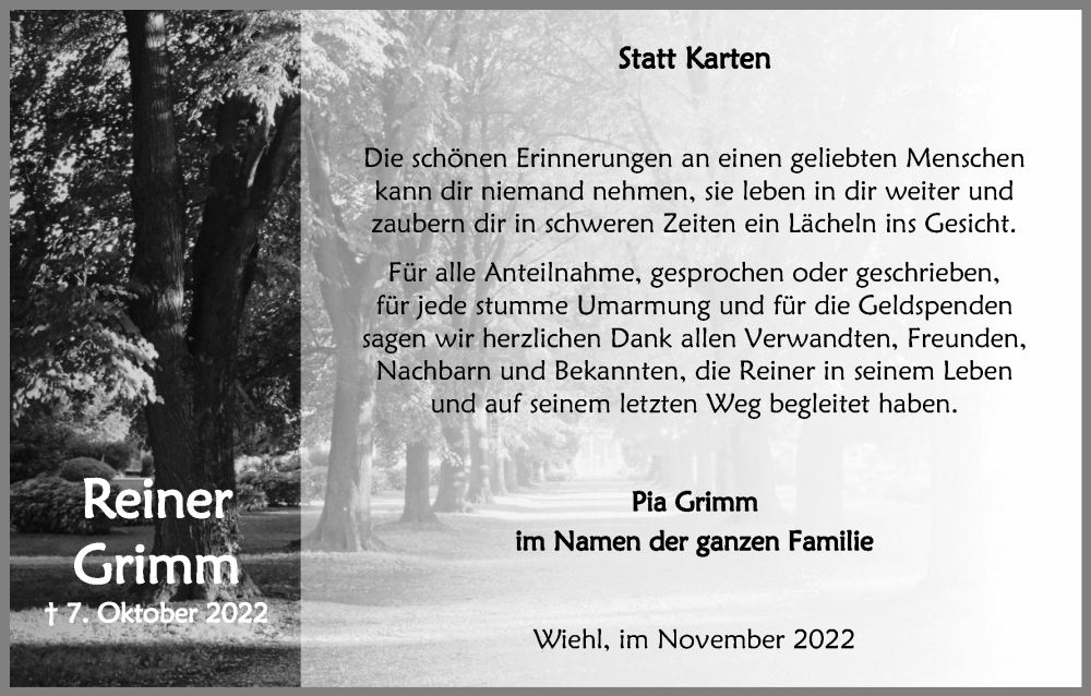  Traueranzeige für Reiner Grimm vom 19.11.2022 aus Kölner Stadt-Anzeiger / Kölnische Rundschau / Express