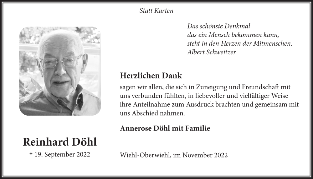  Traueranzeige für Reinhard Döhl vom 18.11.2022 aus  Anzeigen Echo 