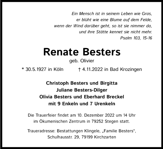 Anzeige von Renate Besters von Kölner Stadt-Anzeiger / Kölnische Rundschau / Express