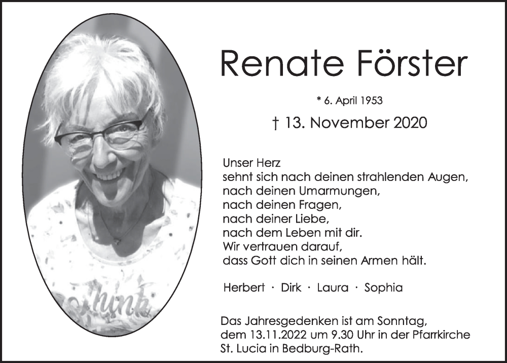 Traueranzeige für Renate Förster vom 11.11.2022 aus  Werbepost 