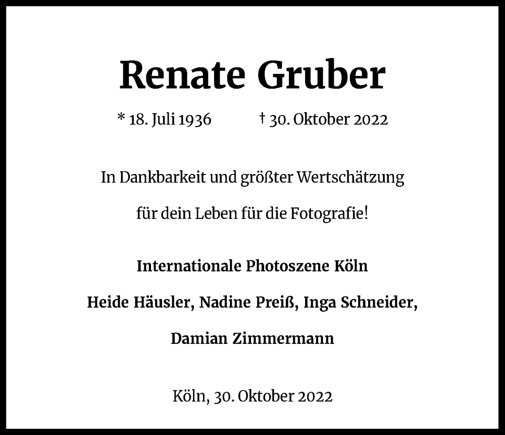 Traueranzeige für Renate Gruber vom 04.11.2022 aus Kölner Stadt-Anzeiger / Kölnische Rundschau / Express