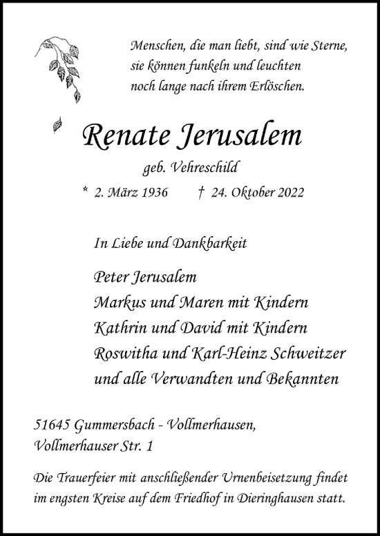 Anzeige von Renate Jerusalem von  Anzeigen Echo 