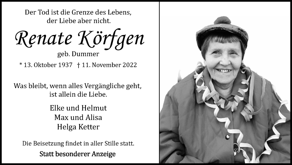  Traueranzeige für Renate Körfgen vom 19.11.2022 aus Kölner Stadt-Anzeiger / Kölnische Rundschau / Express