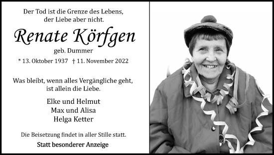 Anzeige von Renate Körfgen von Kölner Stadt-Anzeiger / Kölnische Rundschau / Express