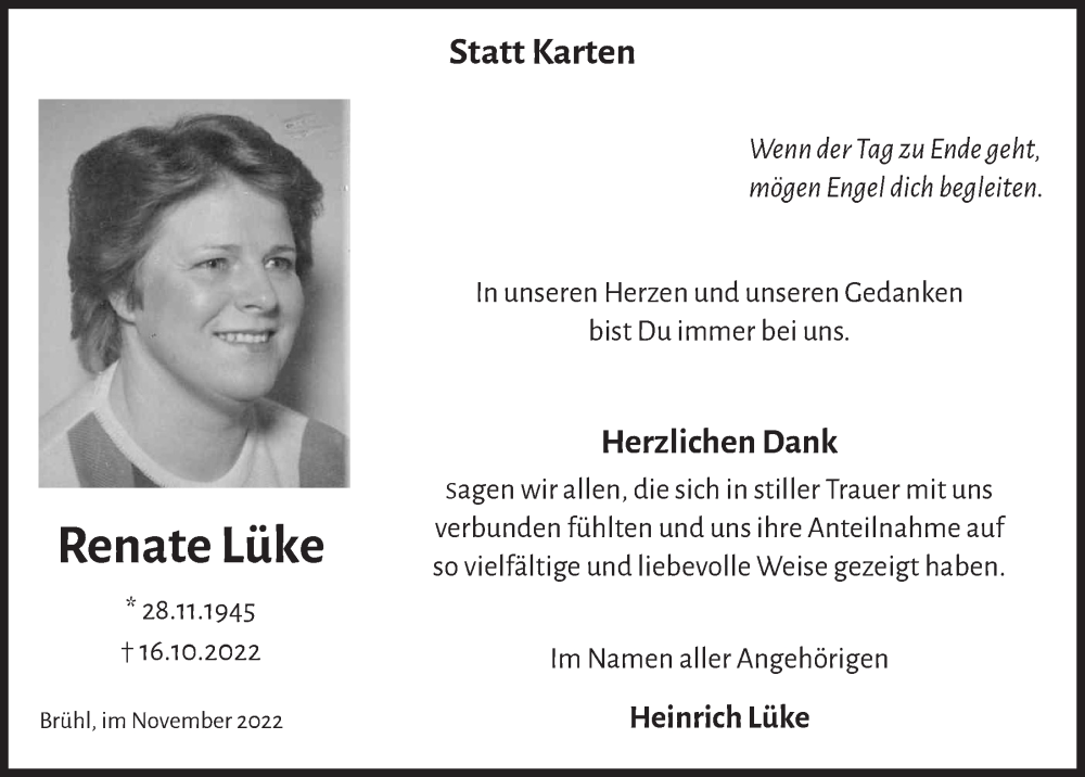  Traueranzeige für Renate Lüke vom 25.11.2022 aus  Schlossbote/Werbekurier 