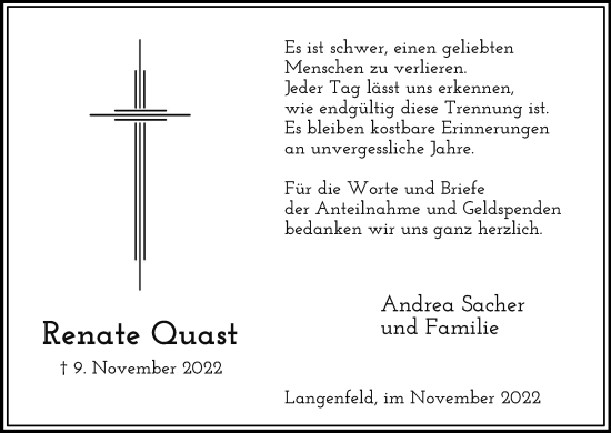 Anzeige von Renate Quast von Kölner Stadt-Anzeiger / Kölnische Rundschau / Express