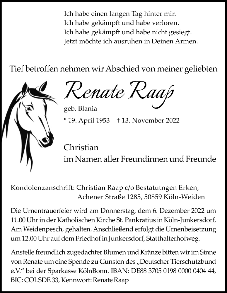  Traueranzeige für Renate Raap vom 26.11.2022 aus Kölner Stadt-Anzeiger / Kölnische Rundschau / Express