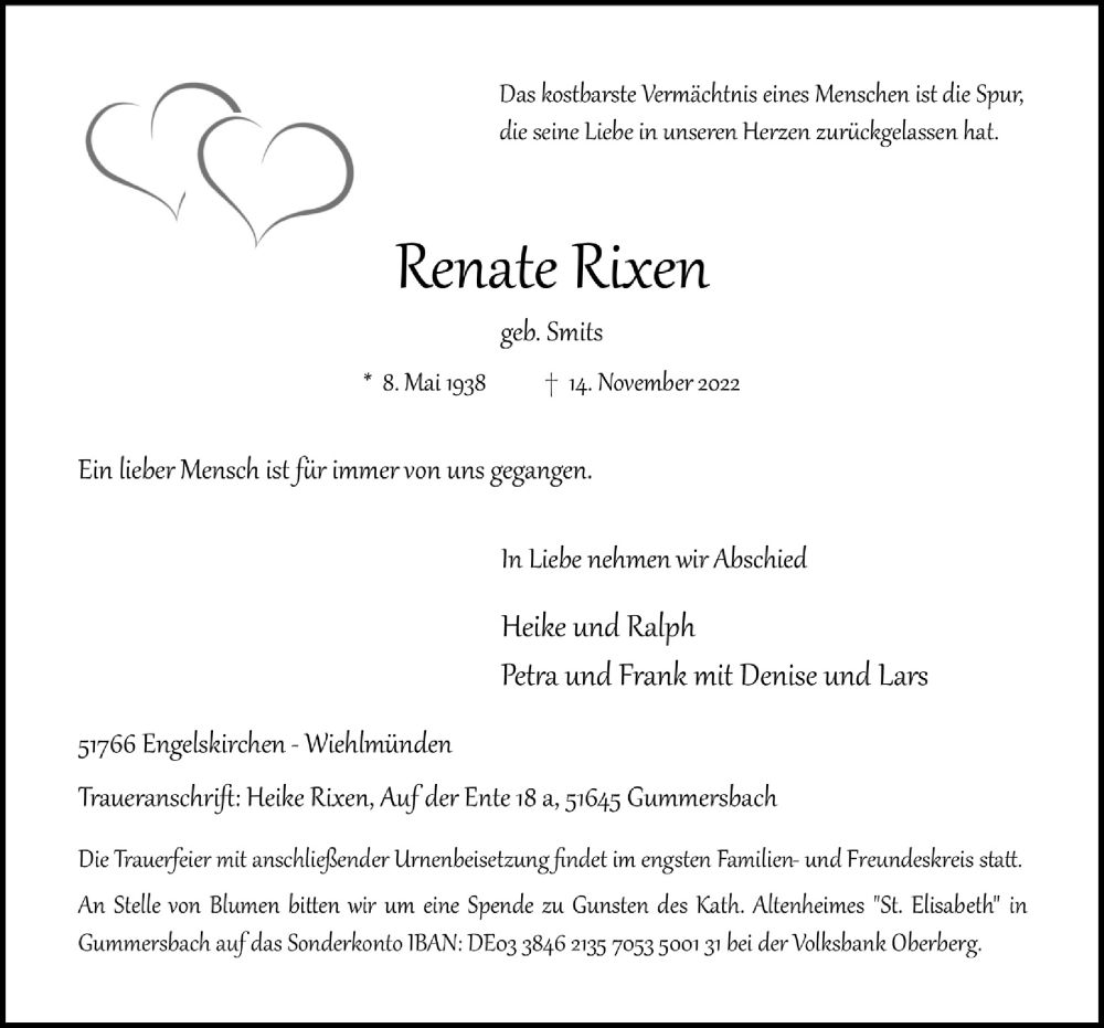  Traueranzeige für Renate Rixen vom 25.11.2022 aus  Anzeigen Echo 