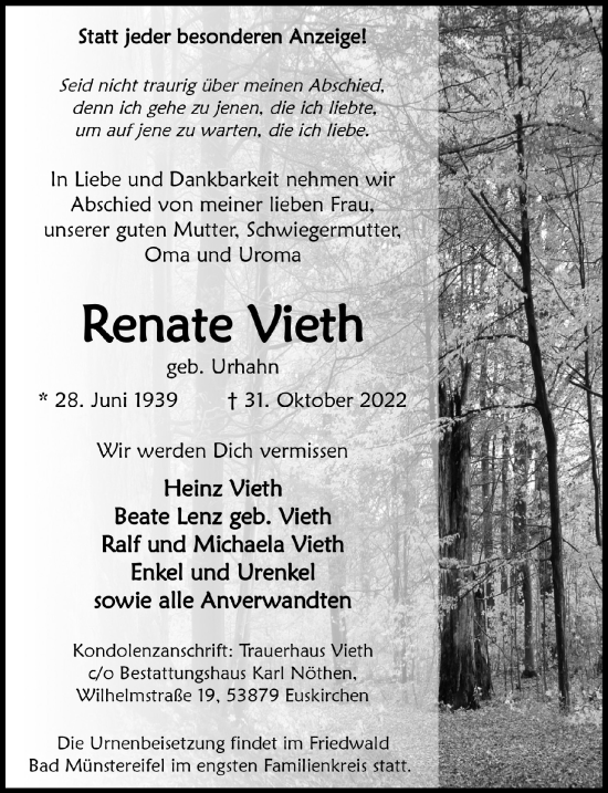 Anzeige von Renate Vieth von  Blickpunkt Euskirchen 