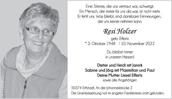 Anzeige von Resi Holzer von  Werbepost 