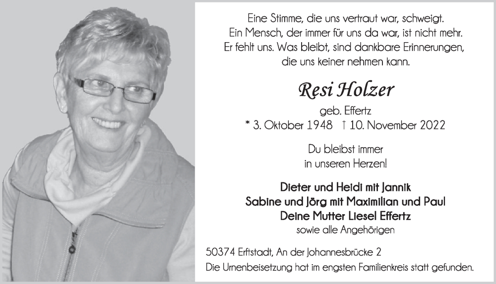  Traueranzeige für Resi Holzer vom 18.11.2022 aus  Werbepost 