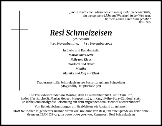 Anzeige von Resi Schmelzeisen von Kölner Stadt-Anzeiger / Kölnische Rundschau / Express