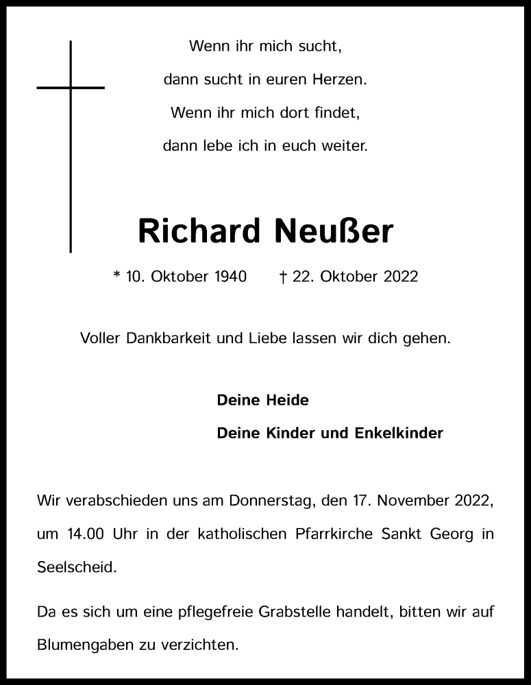 Traueranzeige für Richard Neußer vom 12.11.2022 aus Kölner Stadt-Anzeiger / Kölnische Rundschau / Express
