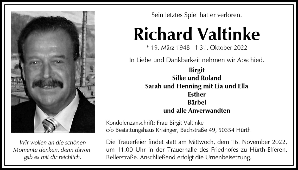  Traueranzeige für Richard Valtinke vom 11.11.2022 aus  Wochenende 