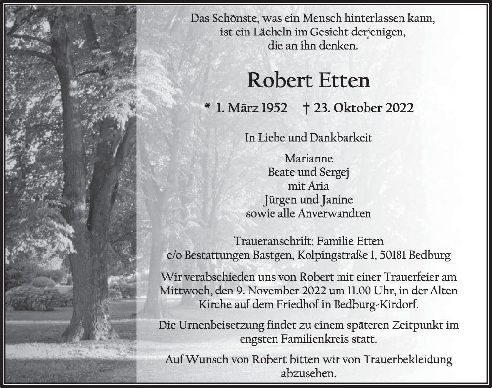  Traueranzeige für Robert Etten vom 04.11.2022 aus  Werbepost 
