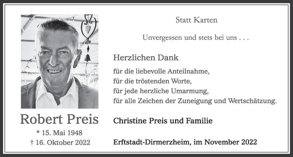 Traueranzeige für Robert Preis vom 18.11.2022 aus  Werbepost 