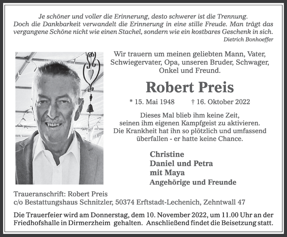  Traueranzeige für Robert Preis vom 04.11.2022 aus  Werbepost 