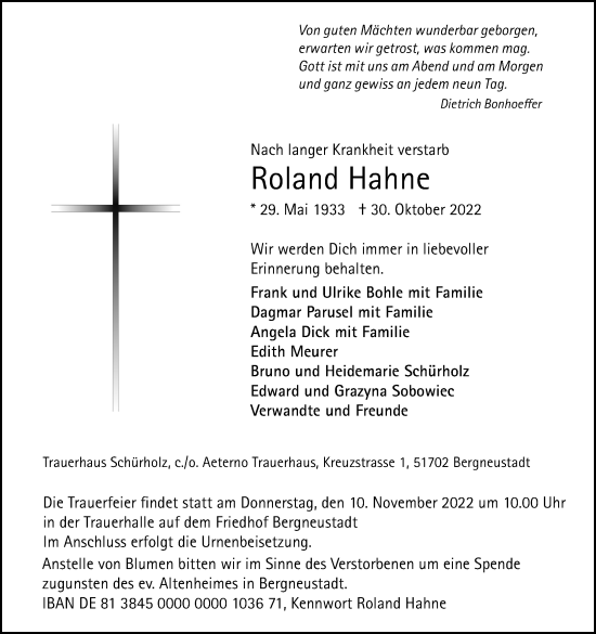 Anzeige von Roland Hahne von Kölner Stadt-Anzeiger / Kölnische Rundschau / Express
