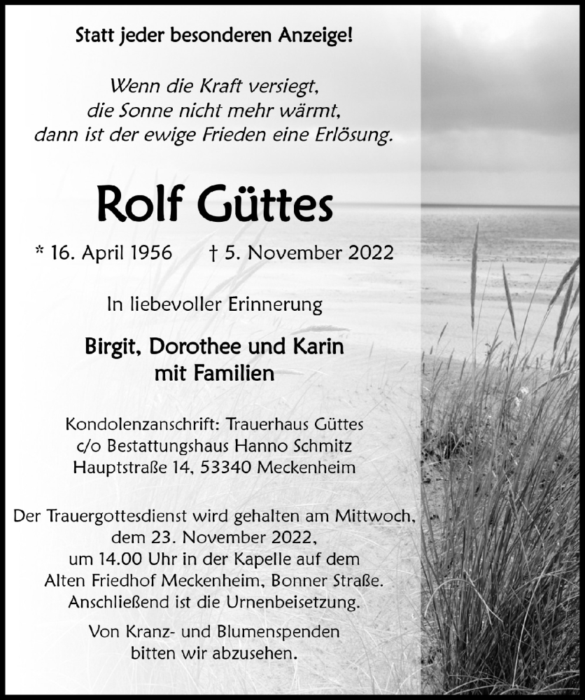  Traueranzeige für Rolf Güttes vom 11.11.2022 aus  Schaufenster/Blickpunkt 