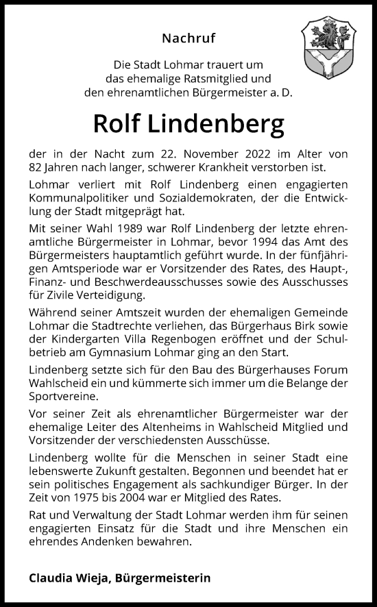 Anzeige von Rolf Lindenberg von Kölner Stadt-Anzeiger / Kölnische Rundschau / Express