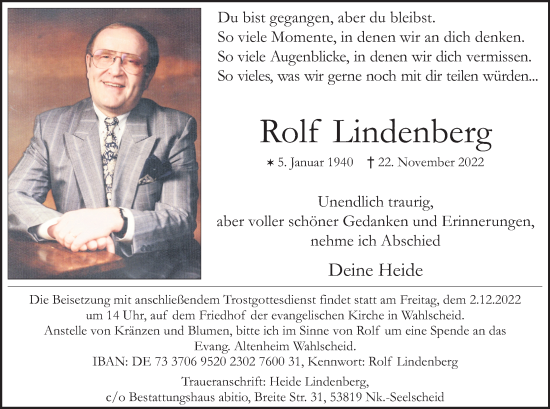 Anzeige von Rolf Lindenberg von Kölner Stadt-Anzeiger / Kölnische Rundschau / Express