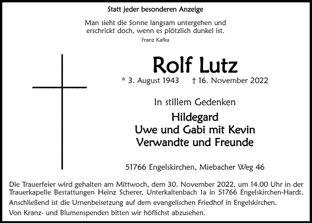  Traueranzeige für Rolf Lutz vom 25.11.2022 aus  Anzeigen Echo 