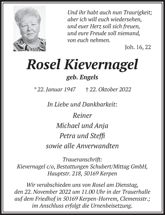 Anzeige von Rosel Kievernagel von  Werbepost 
