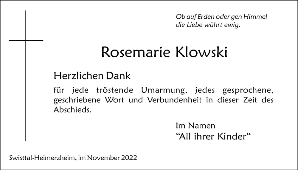  Traueranzeige für Rosemarie Klowski vom 25.11.2022 aus  Schaufenster/Blickpunkt 