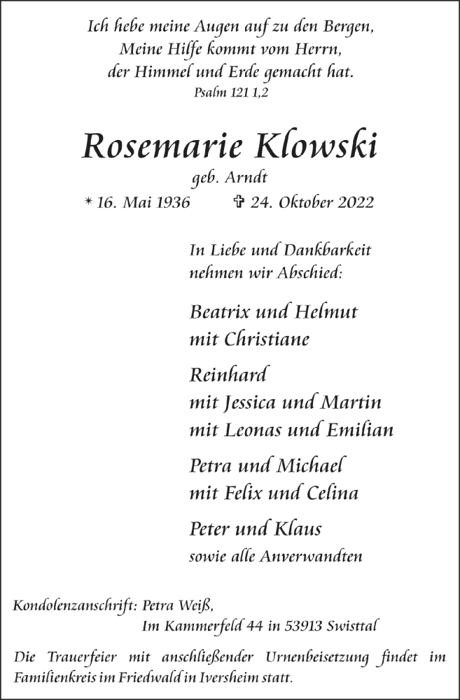  Traueranzeige für Rosemarie Klowski vom 04.11.2022 aus  Schaufenster/Blickpunkt 