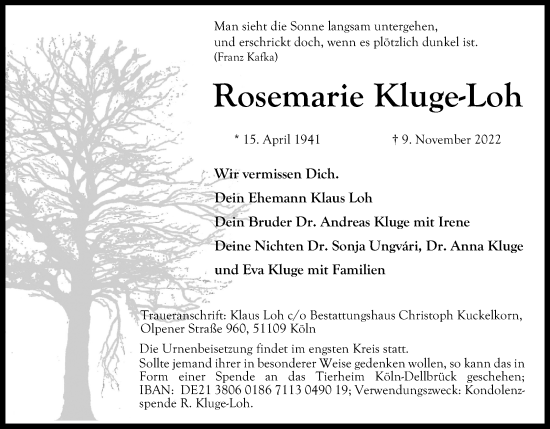 Anzeige von Rosemarie Kluge-Loh von Kölner Stadt-Anzeiger / Kölnische Rundschau / Express