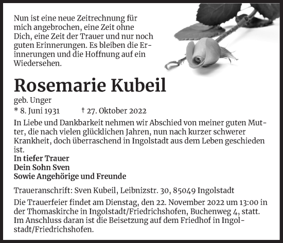 Anzeige von Rosemarie Kubeil von Kölner Stadt-Anzeiger / Kölnische Rundschau / Express