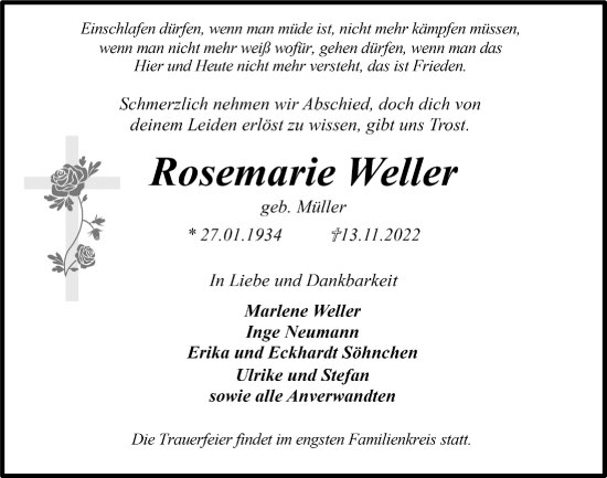 Anzeige von Rosemarie Weller von  Anzeigen Echo 