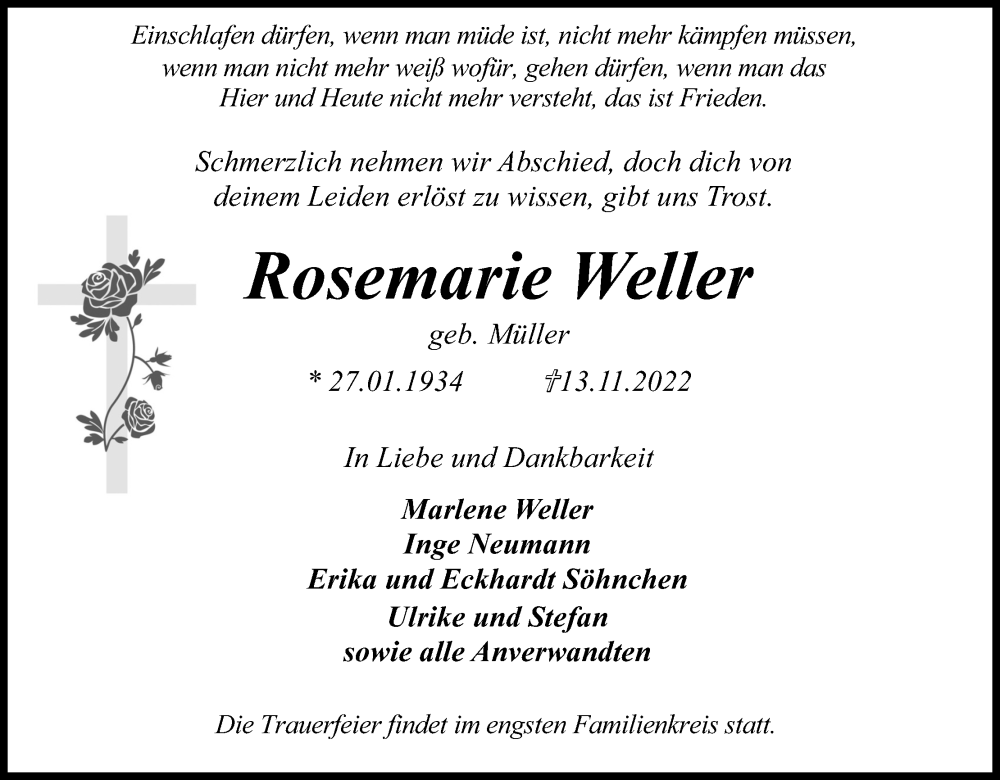  Traueranzeige für Rosemarie Weller vom 19.11.2022 aus Kölner Stadt-Anzeiger / Kölnische Rundschau / Express