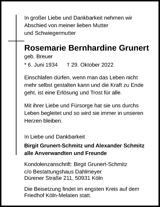 Anzeige von Rosemarie Bernhardine Grunert von Kölner Stadt-Anzeiger / Kölnische Rundschau / Express