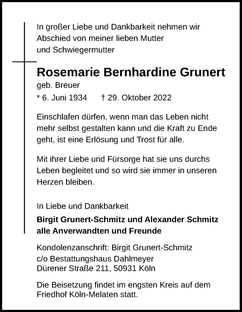  Traueranzeige für Rosemarie Bernhardine Grunert vom 26.11.2022 aus Kölner Stadt-Anzeiger / Kölnische Rundschau / Express