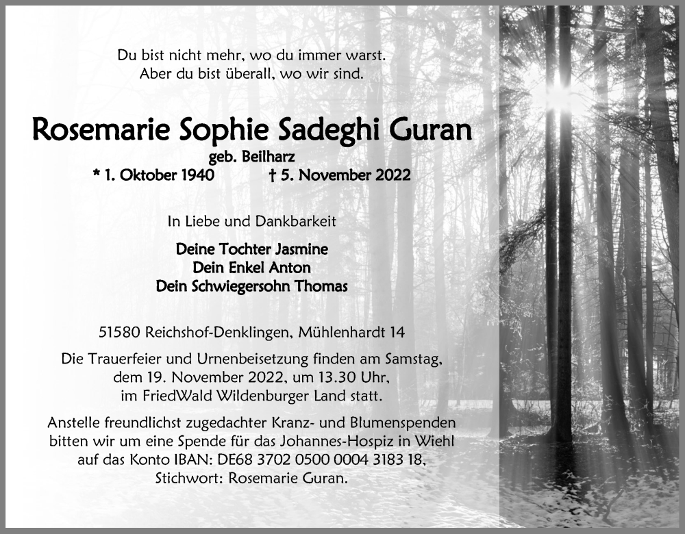  Traueranzeige für Rosemarie Sophie Sadeghi Guran vom 12.11.2022 aus Kölner Stadt-Anzeiger / Kölnische Rundschau / Express