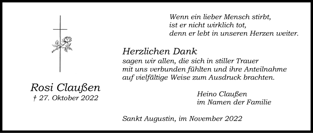  Traueranzeige für Rosi Claußen vom 19.11.2022 aus Kölner Stadt-Anzeiger / Kölnische Rundschau / Express