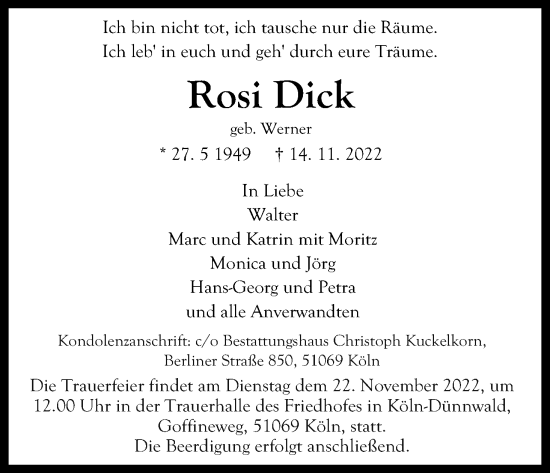 Anzeige von Rosi Dick von Kölner Stadt-Anzeiger / Kölnische Rundschau / Express