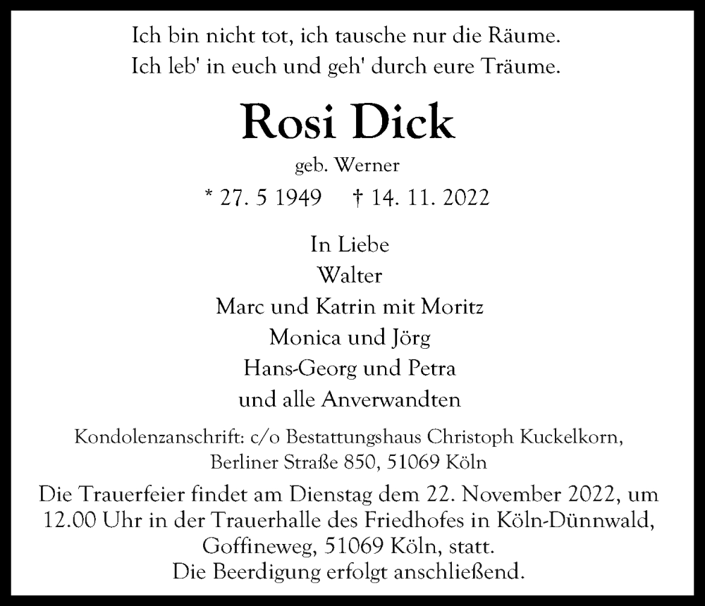  Traueranzeige für Rosi Dick vom 19.11.2022 aus Kölner Stadt-Anzeiger / Kölnische Rundschau / Express