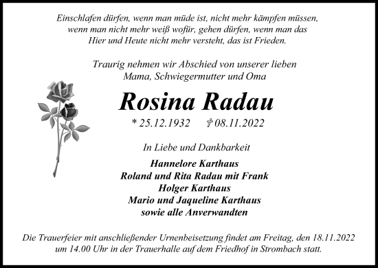 Anzeige von Rosina Radau von Kölner Stadt-Anzeiger / Kölnische Rundschau / Express