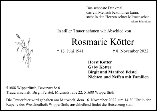Anzeige von Rosmarie Kötter von Kölner Stadt-Anzeiger / Kölnische Rundschau / Express
