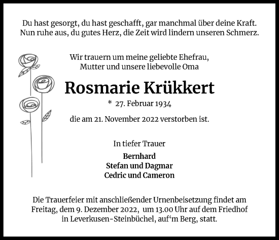 Anzeige von Rosmarie Krükkert von Kölner Stadt-Anzeiger / Kölnische Rundschau / Express