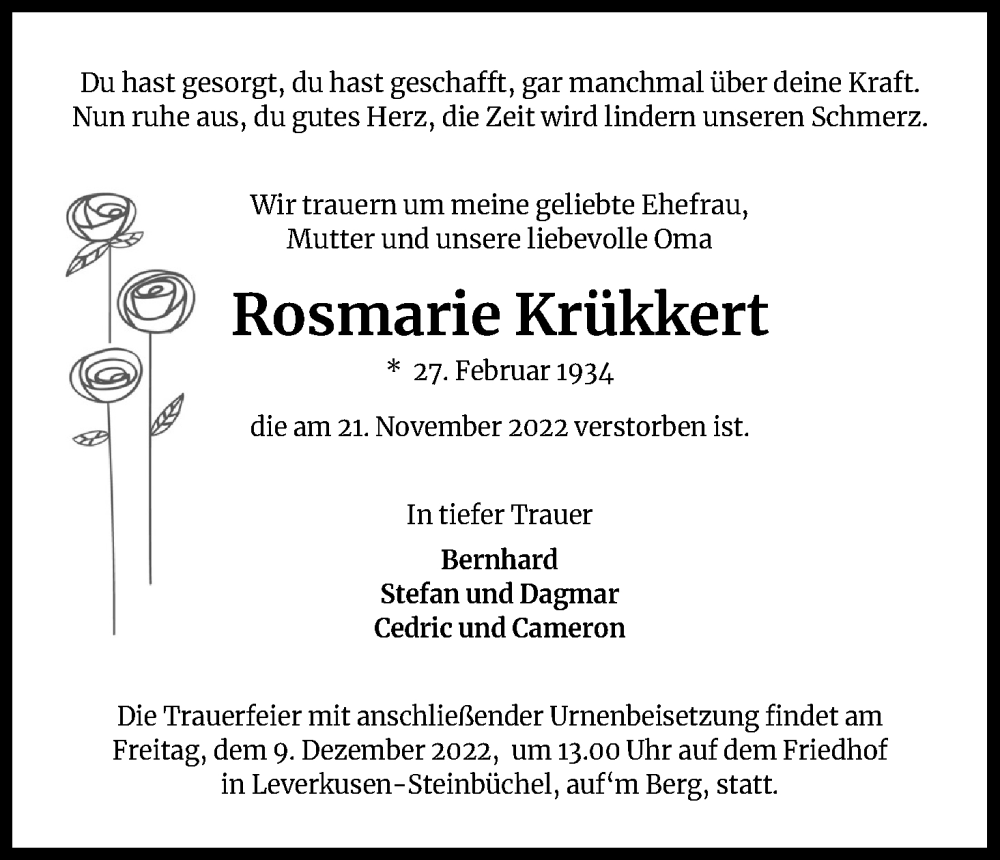  Traueranzeige für Rosmarie Krükkert vom 26.11.2022 aus Kölner Stadt-Anzeiger / Kölnische Rundschau / Express