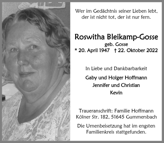 Anzeige von Roswitha Bleikamp-Gosse von  Anzeigen Echo 