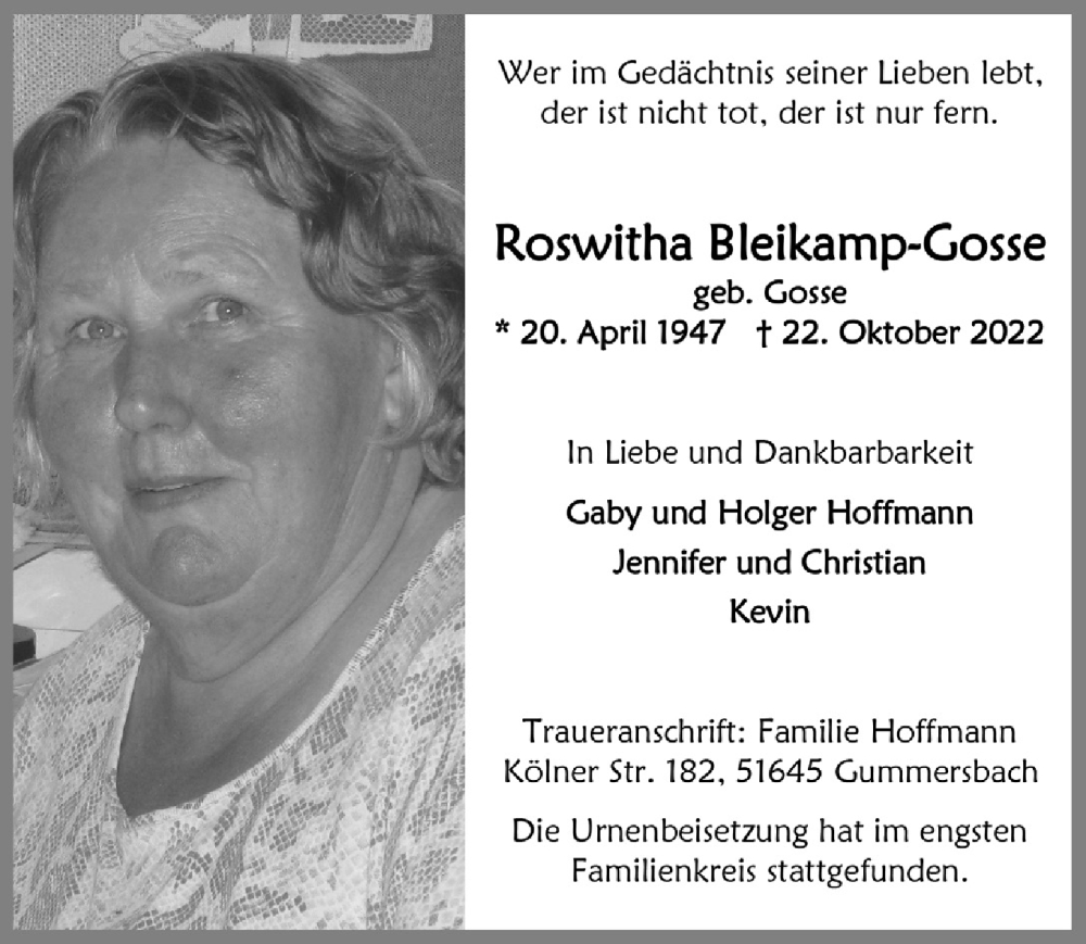 Traueranzeige für Roswitha Bleikamp-Gosse vom 04.11.2022 aus  Anzeigen Echo 