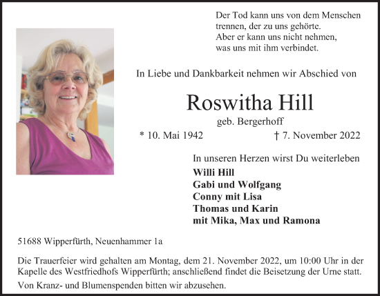 Anzeige von Roswitha Hill von Kölner Stadt-Anzeiger / Kölnische Rundschau / Express
