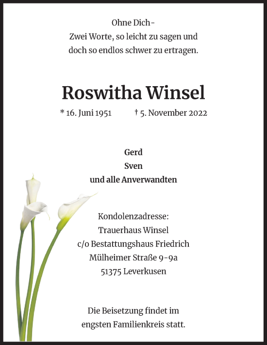 Anzeige von Roswitha Winsel von Kölner Stadt-Anzeiger / Kölnische Rundschau / Express